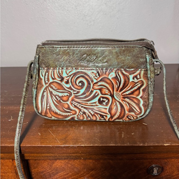 Patricia Nash Turquoise Floral Embossed Leather Crossbody Bag - Picture 9 of 11